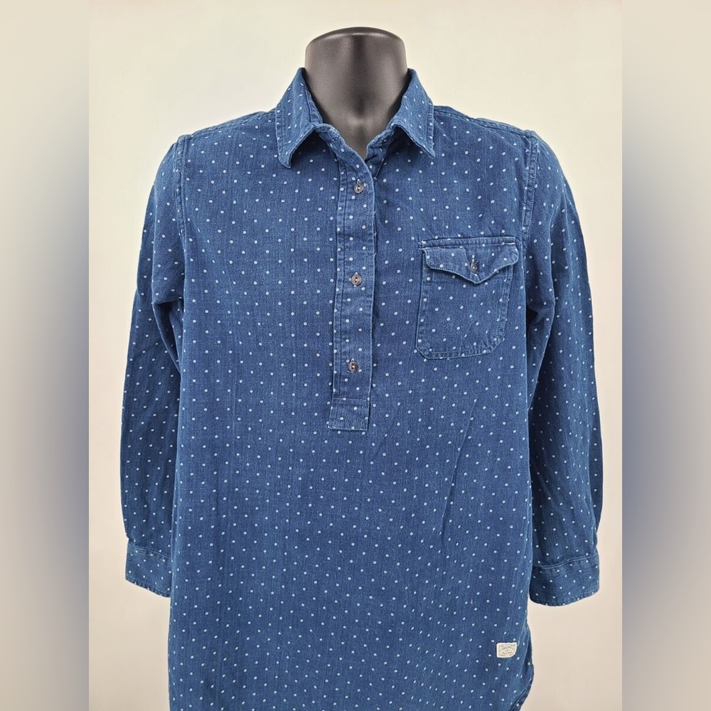 LRL Ralph Lauren Jeans Women’s Long Sleeve Shirt Blue White Polka Dot Sz L